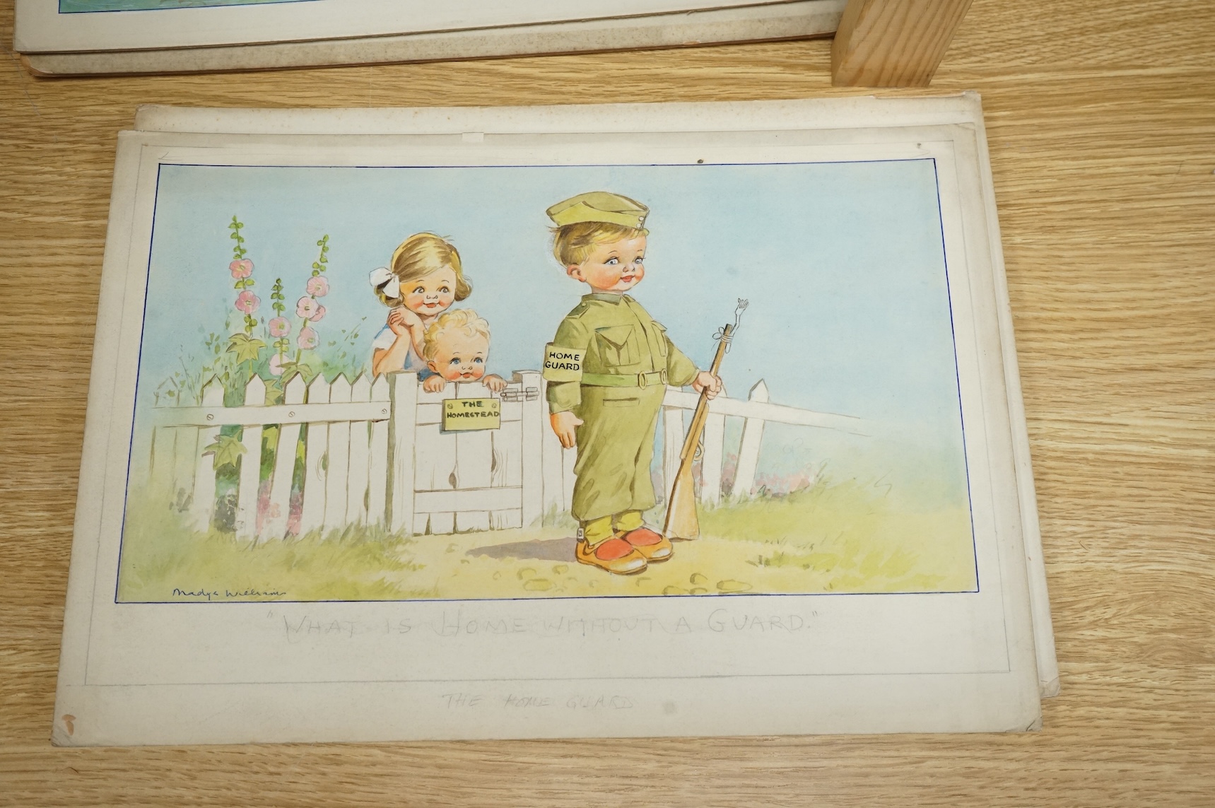Madge Williams (1902-1986), a set of six original watercolours for children's postcard artworks, WWII examples to include The Home Guard, Caught by the Siren and But you said - Fall In, some signed with inscriptions, unf